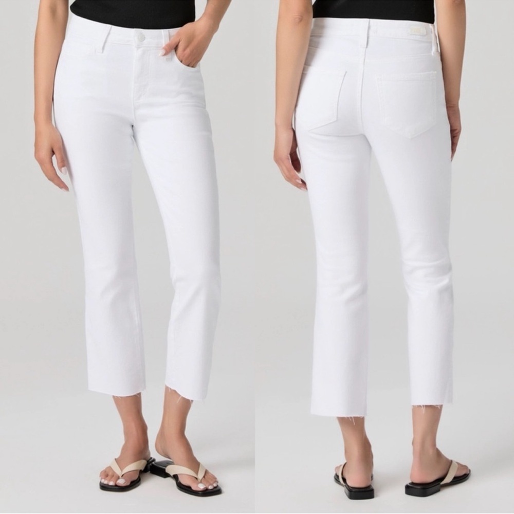 PAIGE Cindy Crop High Rise Straight Crop Raw Hem Jeans Size 32 Crisp White